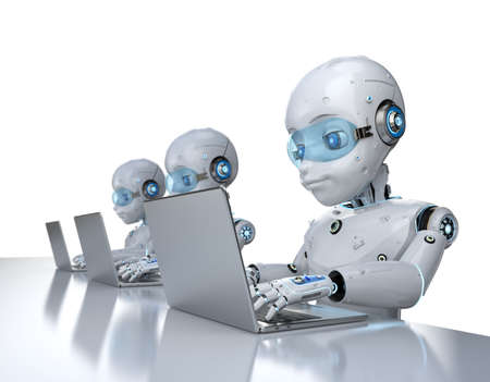 Automation office workers concept with 3d rendering group of cute robots work with computer notebook...