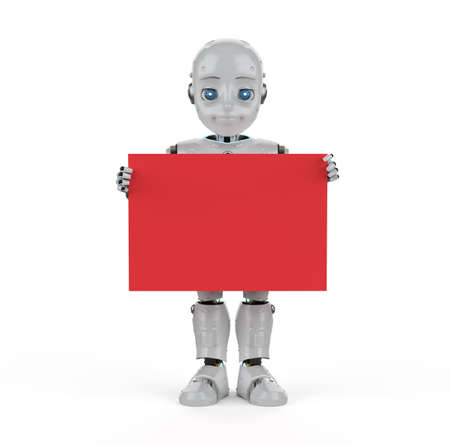 3d rendering cute robot or artificial intelligenceÂ robot with red blank boardの写真素材