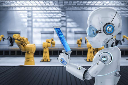 Automation factory concept withÂ 3d rendering cute robot with robot arm in factory
