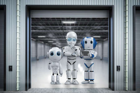 3d rendering group of cute robots in factory for industrial technology
