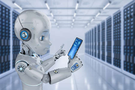 Automation server room with 3d rendering cute robot working with digital tablet in server room