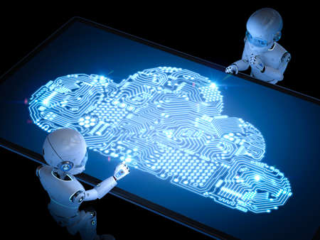 Cloud computing technology concept with 3d rendering cute robot and graphic display