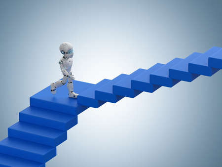 Technology development concept with 3d rendering robot climb or walk upÂ staircaseÂ の写真素材