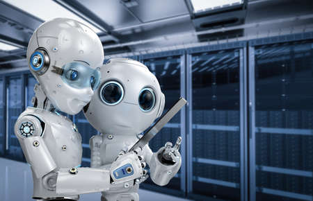 Automation server room with 3d rendering cute robot working with digital tablet in server roomの写真素材