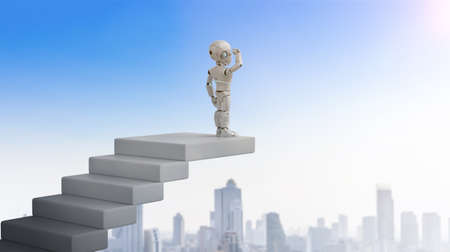 3d rendering robot looking for opportunity on top of staircasesの写真素材