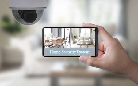 3d rendering mobile connect with home security cameraの写真素材