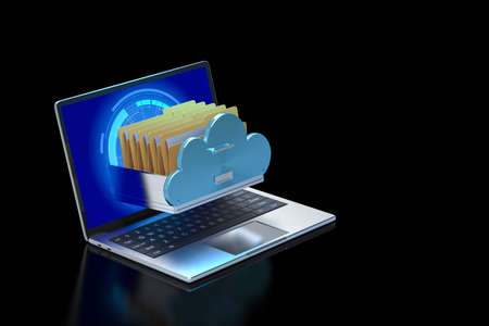 Cloud storage technology with 3d rendering files in cloud with computer notebook