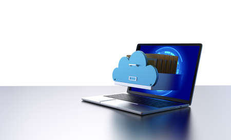 Cloud storage technology with 3d rendering files in cloud with computer notebook