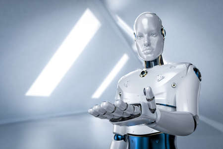 3d rendering artificial intelligence robot or cyborg open hand isolated on white background