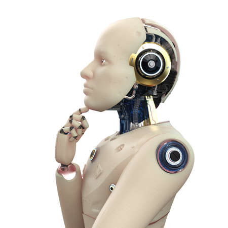 3d rendering ai robot with human skin think or analyze  isolated on white