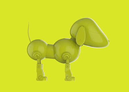 3d rendering single color neon yellow dog robot on yellow backgroundの写真素材