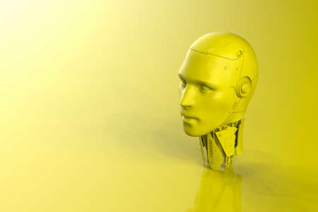 3d rendering single color neon yellow ai robot on yellow backgroundの写真素材