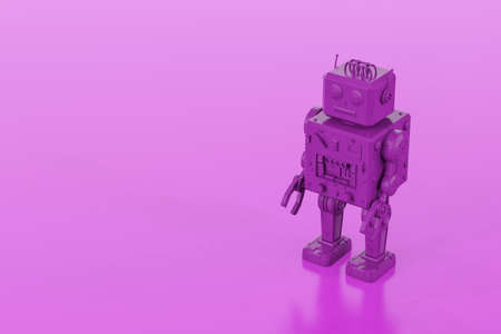 3d rendering purple single color tin toy robot on purple background