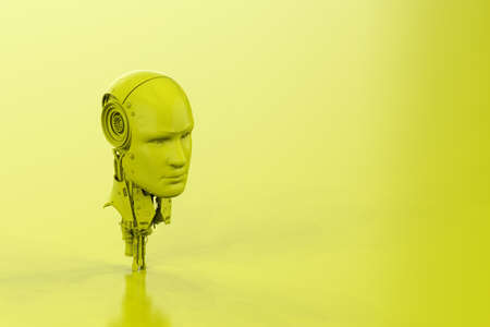 3d rendering single color neon yellow ai robot on yellow background with empty spaceの写真素材