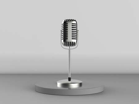 3d rendering microphone on stage with grey backgroundの写真素材