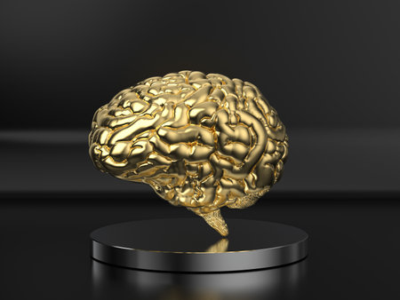 3d rendering golden human brain on black backgroundの写真素材