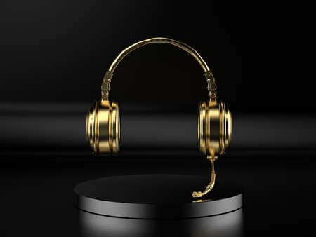 3d rendering golden headset or headphones with microphone on black backgroundの写真素材