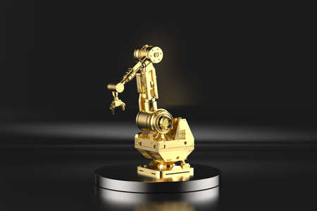 3d rendering golden robotic arm on stage with black backgroundの写真素材