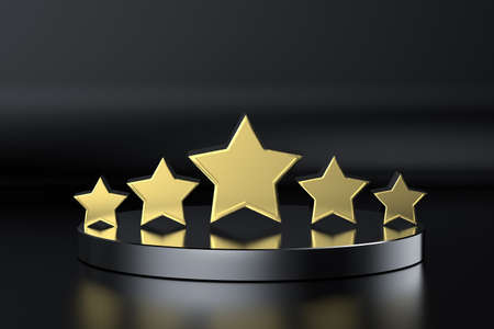 3d rendering golden five stars on stage with black backgroundの写真素材