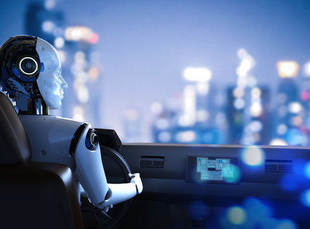 Autonomous car concept with 3d rendering cyborg drive carの写真素材