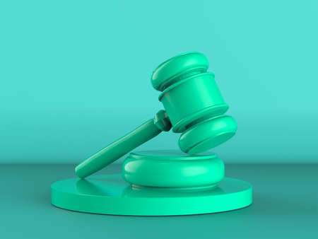3d rendering green gavel judge on green backgroundの写真素材