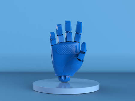 3d rendering blue cyborg hand on blue background