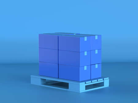 3d rendering blue pallet with cardboard boxes on blue backgroundの写真素材