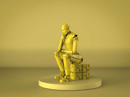 3d rendering ai robot think or compute on yellow background