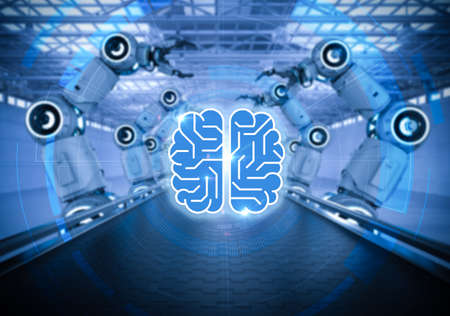 AI technology concept with 3d rendering robotic arm with circuit brain