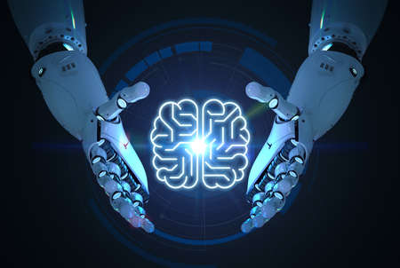 AI technology concept with 3d rendering cyborg or robot with circuit brain