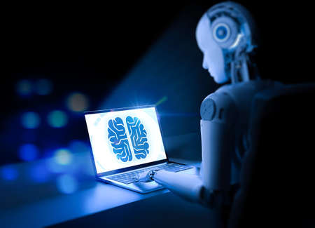 AI technology concept with 3d rendering cyborg or robot with circuit brain
