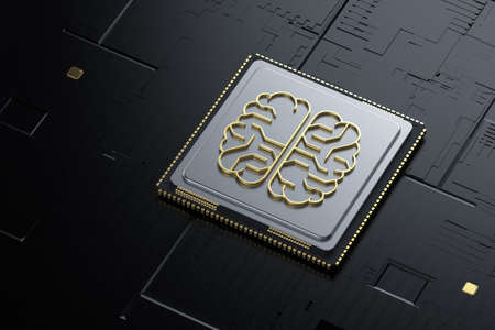 3d rendering golden artificial intelligence brain or circuit board in brain shape