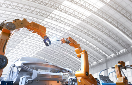 Automation aumobile factory concept with 3d rendering robot assembly line in car factory