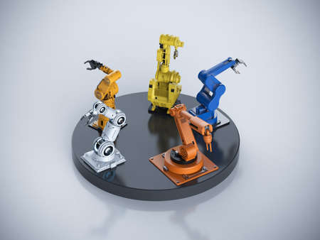 3d rendering group of robotic arms on stage