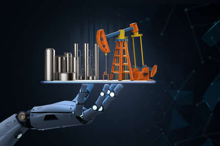 Petroleum industry technology concept with 3d rendering robot arm with crude oil pump and oil refineryの写真素材