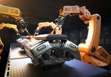 Automation automobile factory concept with 3d rendering robot assembly line with car engine or machine in factoryの写真素材