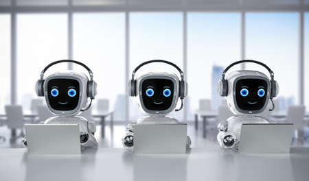 Automation office workers with 3d rendering group of robot assistants work with computer notebookの写真素材