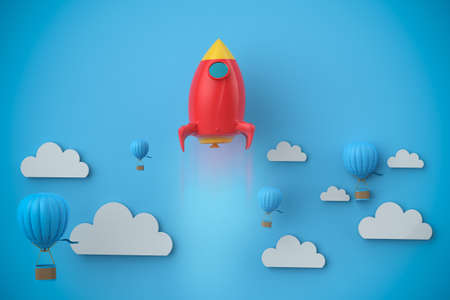 Leadership concept with 3d rendering red space shuttle above blue hot air balloons