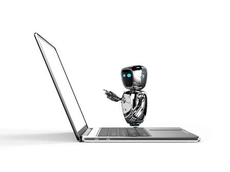 3d rendering cute artificial intelligenceÂ robot or assistant robot with computer notebookの写真素材