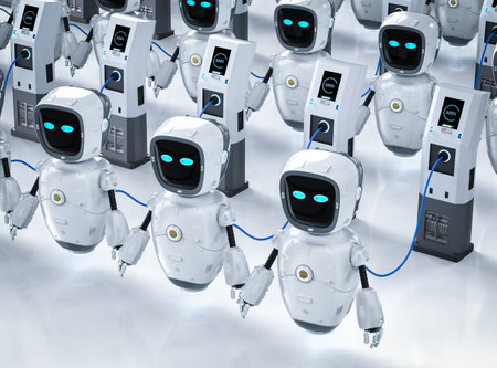 3d rendering assistant robotÂ charge with electric charging stationÂ 