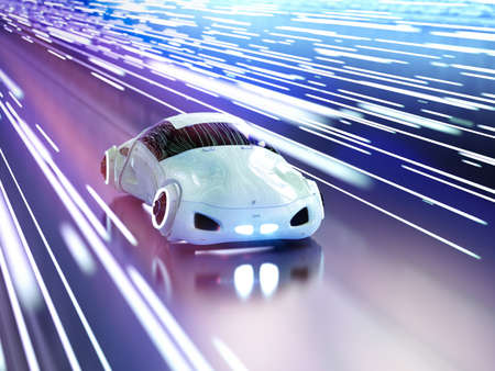 Driverless car or autonomous car with 3d rendering car in rail light tunnelの写真素材