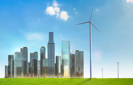 Green energy concept with 3d rendering urban wind mill farmの写真素材
