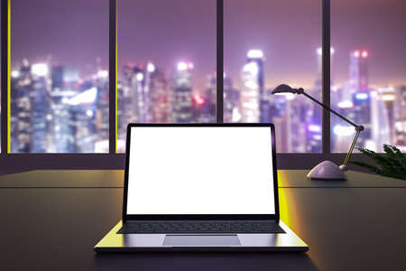 3d rendering blank screen computer notebook in office