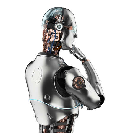 3d rendering ai robot computing or analyzing isolated on whiteの写真素材