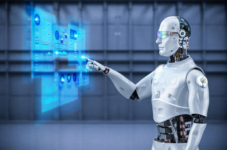 Technology connection with 3d rendering artificial intelligenceÂ robot with graphic displayの写真素材