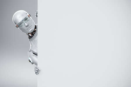 3d rendering humanoid robot with white blank boardの写真素材
