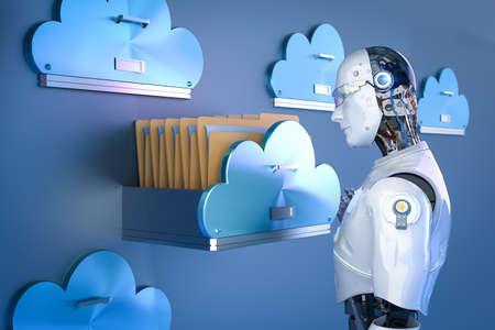 Automatic cloud storage technology with 3d rendering robot work with cloud