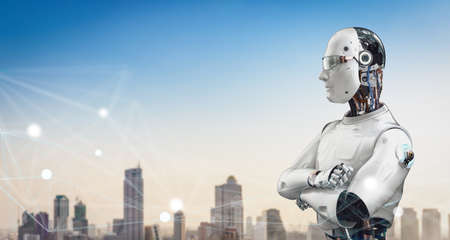 Smart city with 3d rendering ai robot with cityscape background