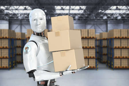 Automatic warehouse concept with 3d rendering automation robot work in warehouse