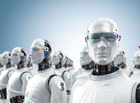 3d rendering group of artificial intelligence robots or cyborgs